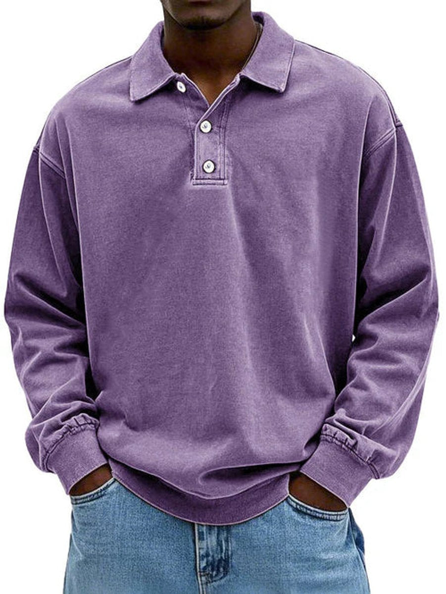 Men's Henley Long-Sleeve Polo Sweatshirt Relaxed-Fit Casual Jumper