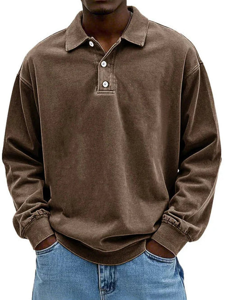 Men's Henley Long-Sleeve Polo Sweatshirt Relaxed-Fit Casual Jumper