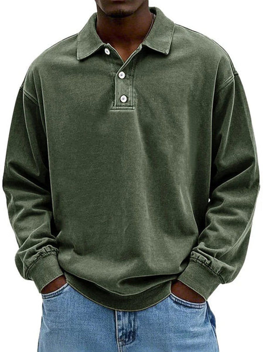 Men's Henley Long-Sleeve Polo Sweatshirt Relaxed-Fit Casual Jumper