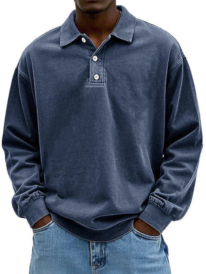 Men's Henley Long-Sleeve Polo Sweatshirt Relaxed-Fit Casual Jumper