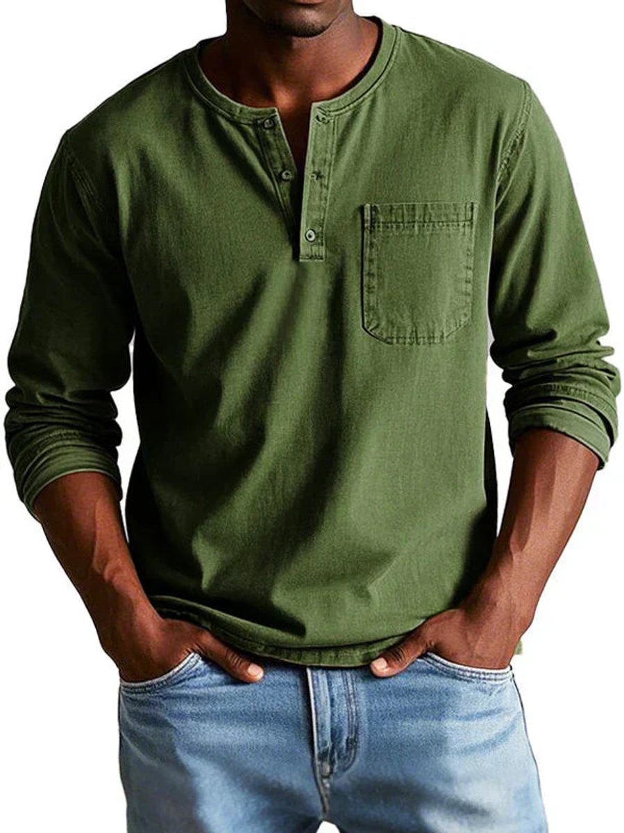 Men's Henley Long-Sleeve Relaxed-Fit Cotton Shirt