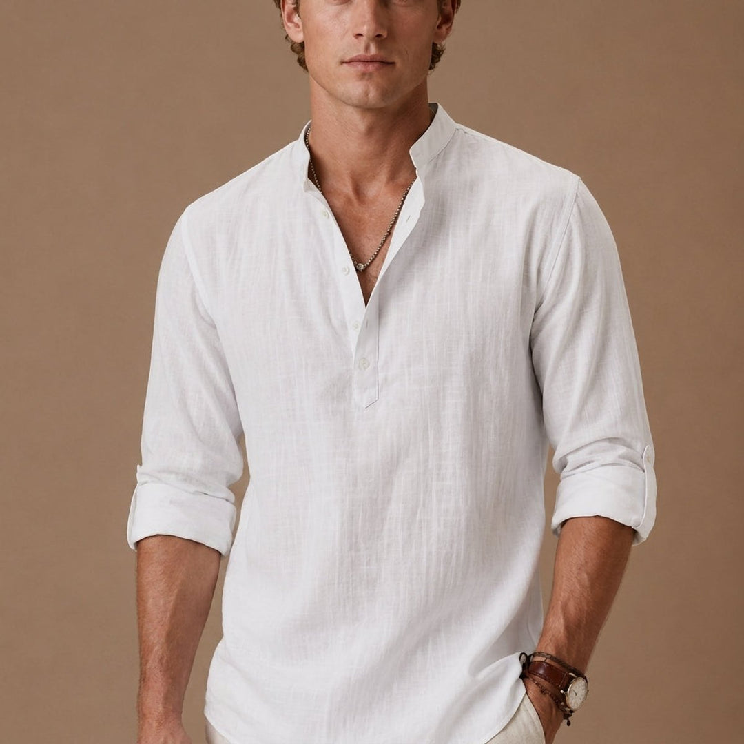 Men's Henley Long-Sleeve Relaxed-Fit Grandad Collar Linen Shirt