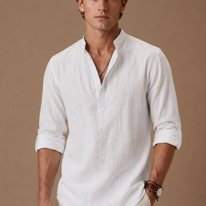 Men's Henley Long-Sleeve Relaxed-Fit Grandad Collar Linen Shirt