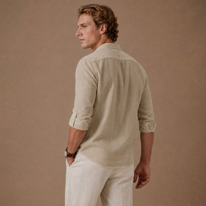 Men's Henley Long-Sleeve Relaxed-Fit Grandad Collar Linen Shirt