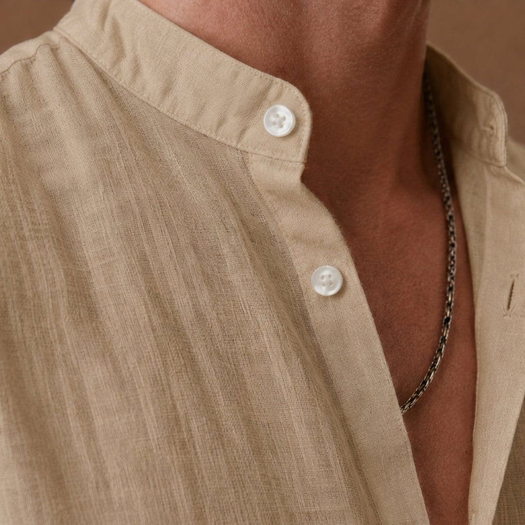 Men's Henley Long-Sleeve Relaxed-Fit Grandad Collar Linen Shirt