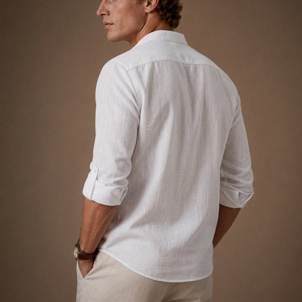 Men's Henley Long-Sleeve Relaxed-Fit Grandad Collar Linen Shirt