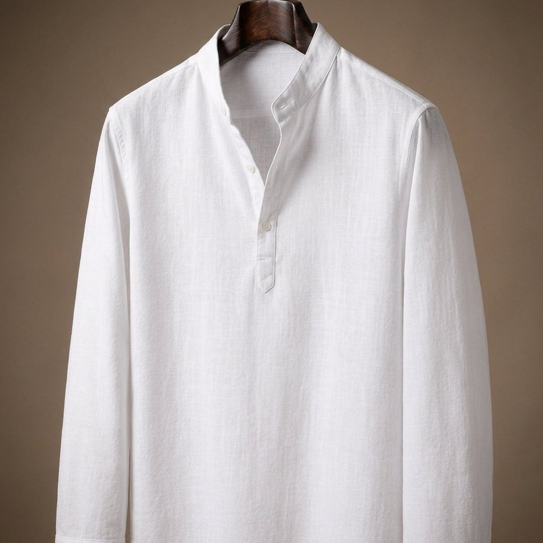 Men's Henley Long-Sleeve Relaxed-Fit Grandad Collar Linen Shirt