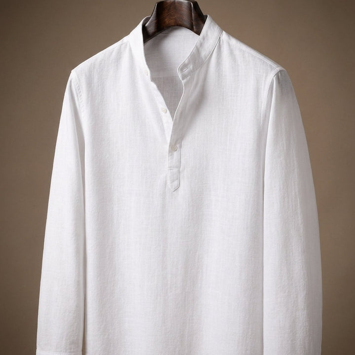 Men's Henley Long-Sleeve Relaxed-Fit Grandad Collar Linen Shirt