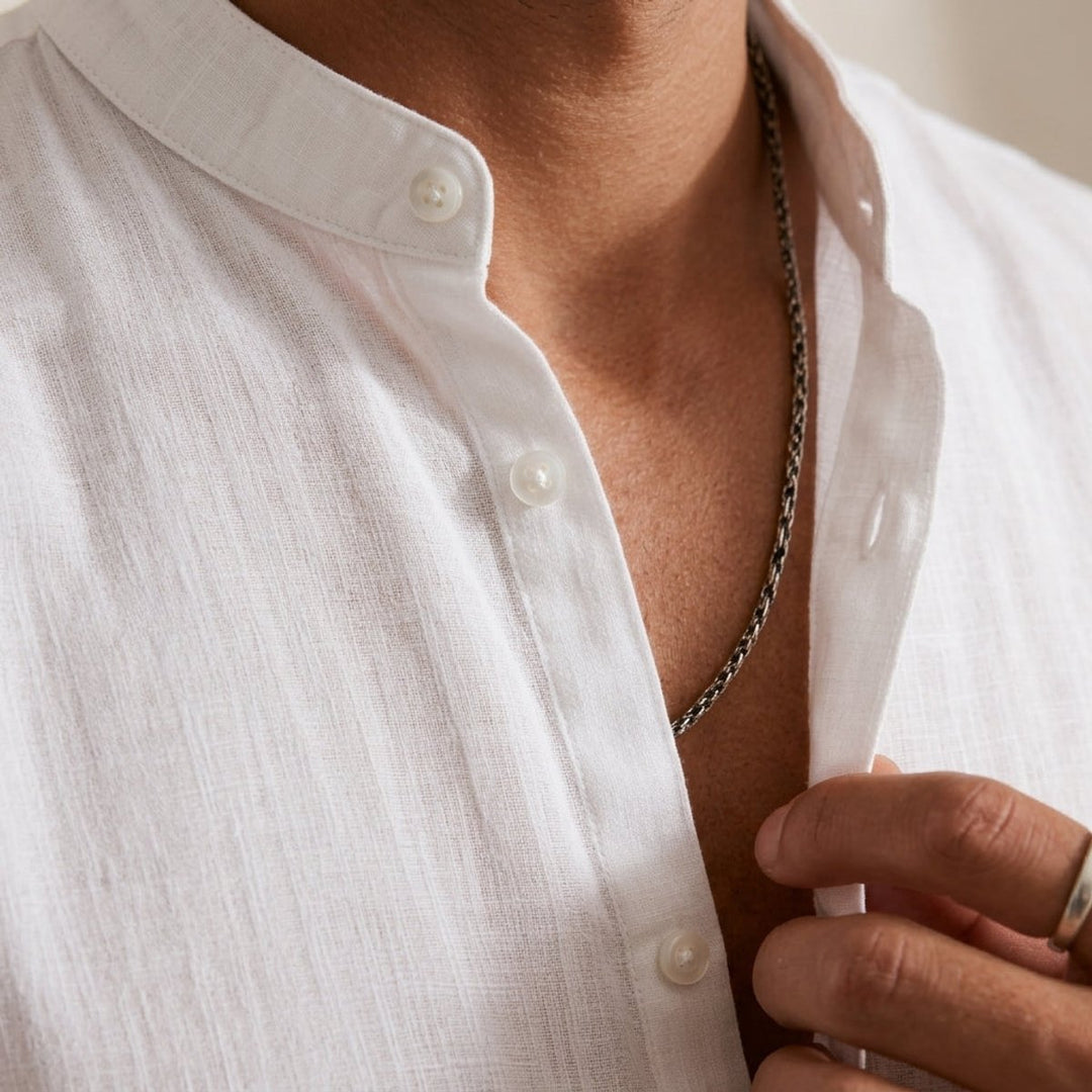 Men's Henley Long-Sleeve Relaxed-Fit Grandad Collar Linen Shirt