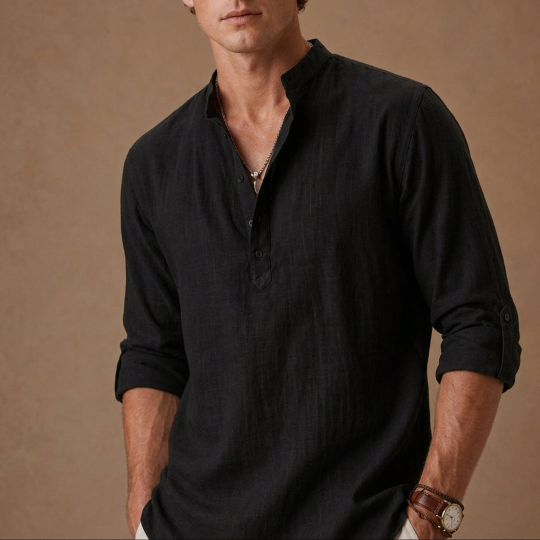 Men's Henley Long-Sleeve Relaxed-Fit Grandad Collar Linen Shirt