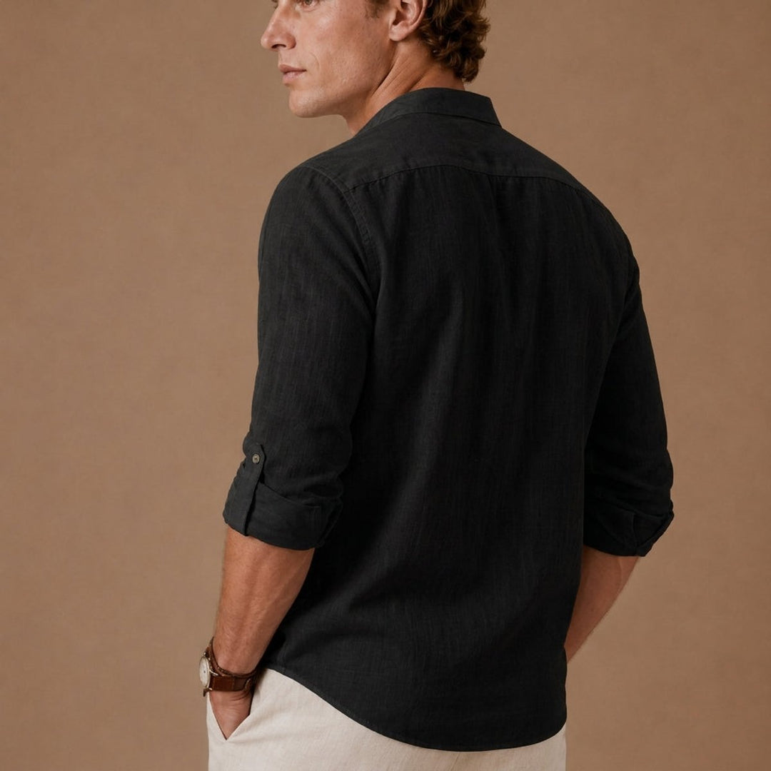 Men's Henley Long-Sleeve Relaxed-Fit Grandad Collar Linen Shirt