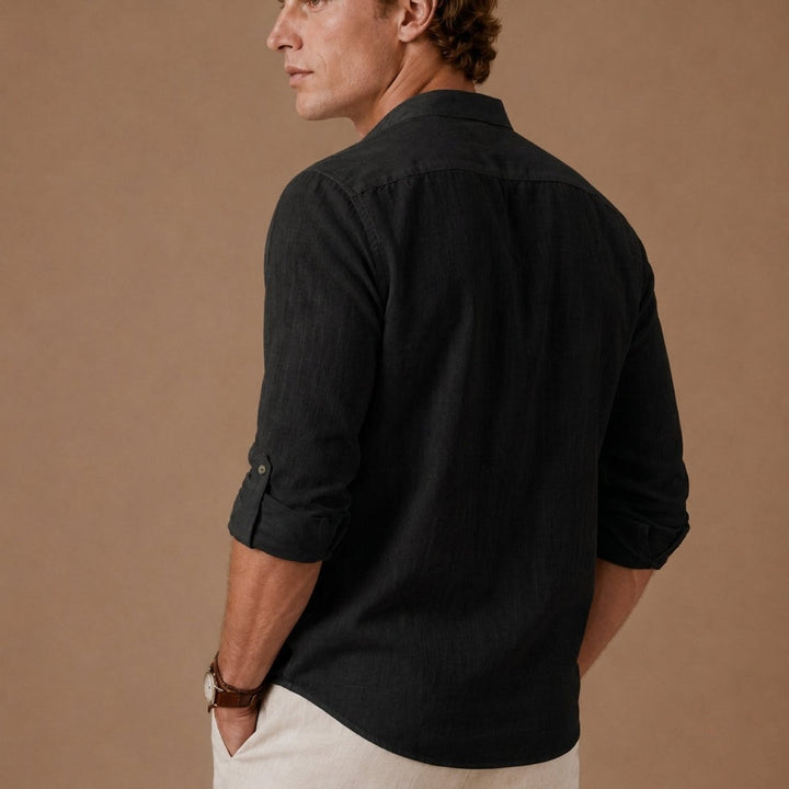 Men's Henley Long-Sleeve Relaxed-Fit Grandad Collar Linen Shirt