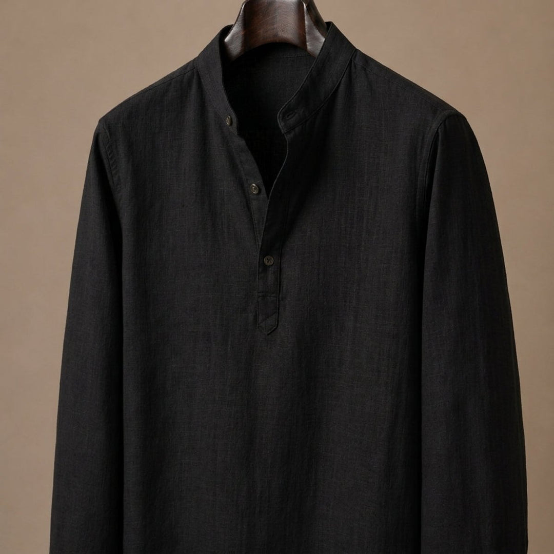 Men's Henley Long-Sleeve Relaxed-Fit Grandad Collar Linen Shirt