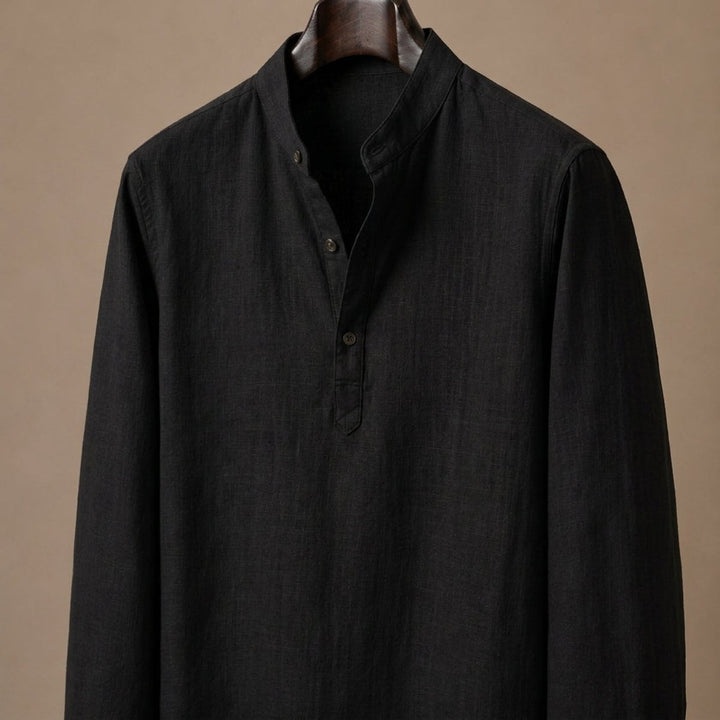 Men's Henley Long-Sleeve Relaxed-Fit Grandad Collar Linen Shirt