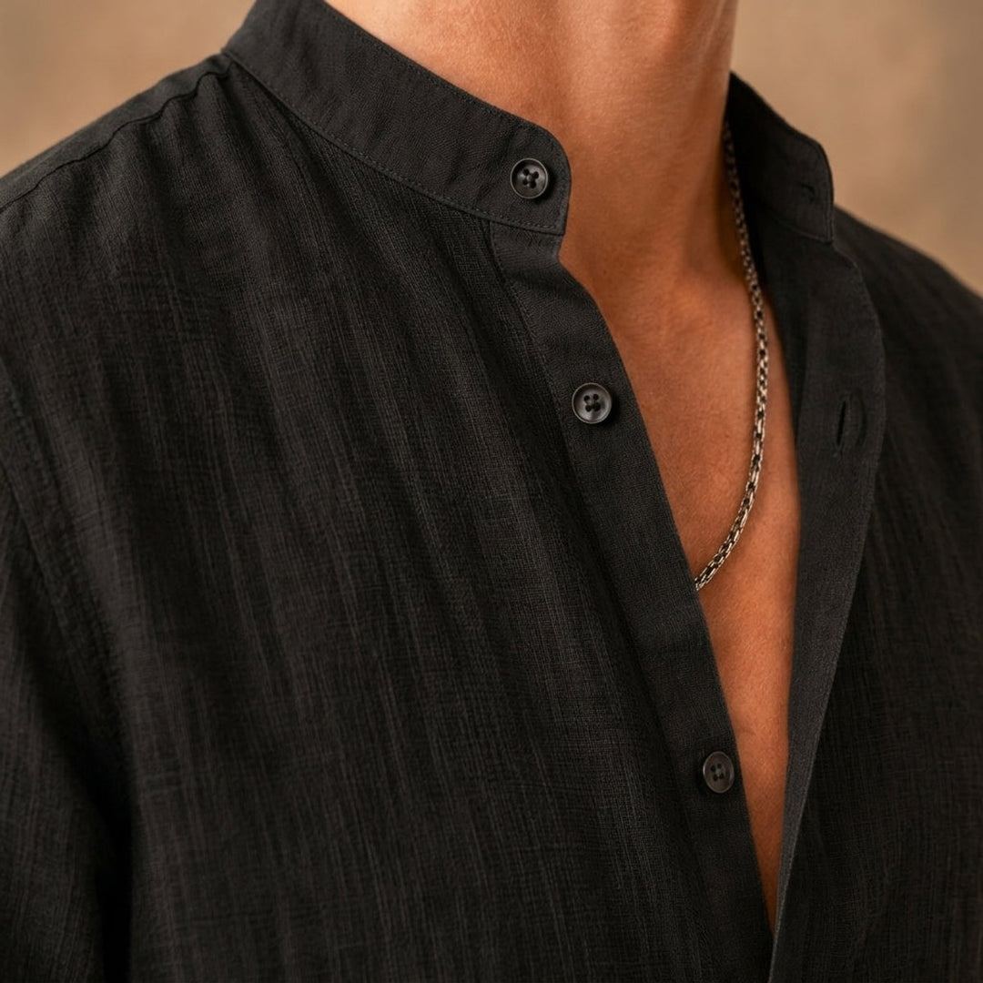 Men's Henley Long-Sleeve Relaxed-Fit Grandad Collar Linen Shirt