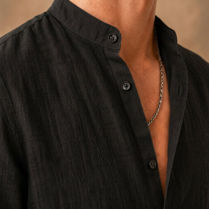 Men's Henley Long-Sleeve Relaxed-Fit Grandad Collar Linen Shirt