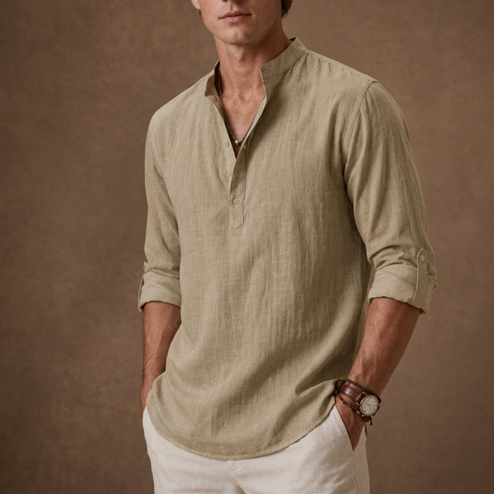 Men's Henley Long-Sleeve Relaxed-Fit Grandad Collar Linen Shirt