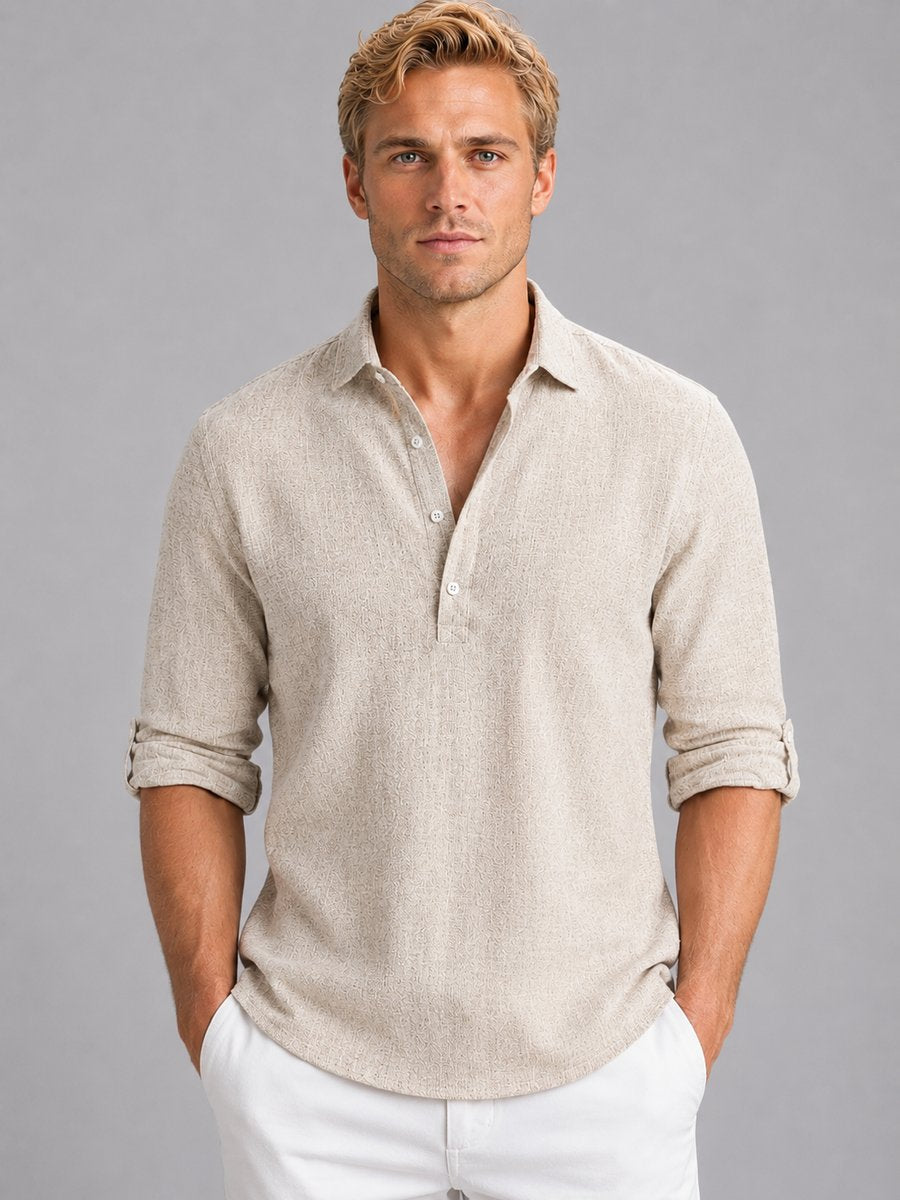 Mens Henley Long-Sleeve Relaxed-Fit Linen Blend Popover Shirt