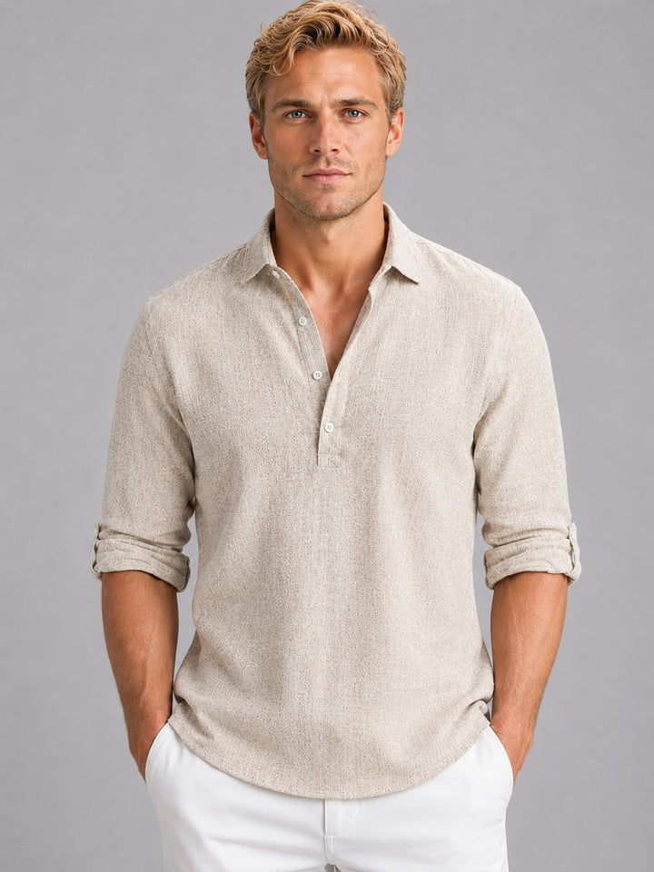 Mens Henley Long-Sleeve Relaxed-Fit Linen Blend Popover Shirt