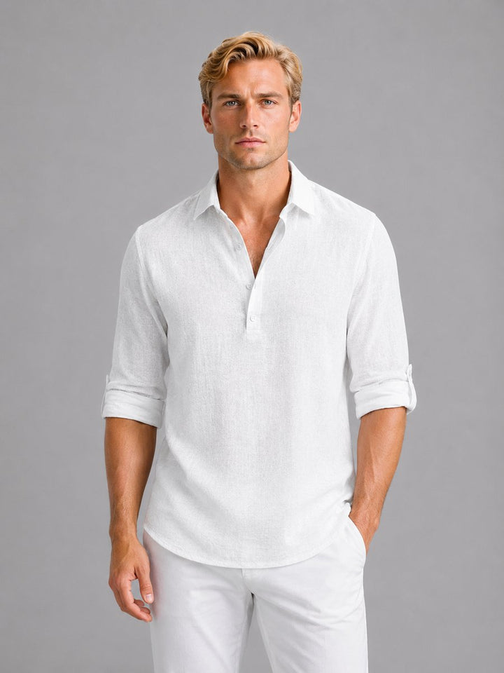 Mens Henley Long-Sleeve Relaxed-Fit Linen Blend Popover Shirt