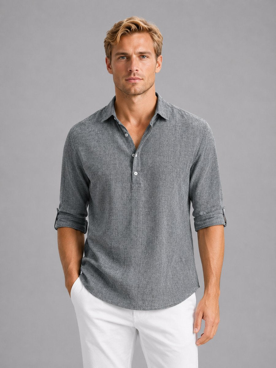 Mens Henley Long-Sleeve Relaxed-Fit Linen Blend Popover Shirt