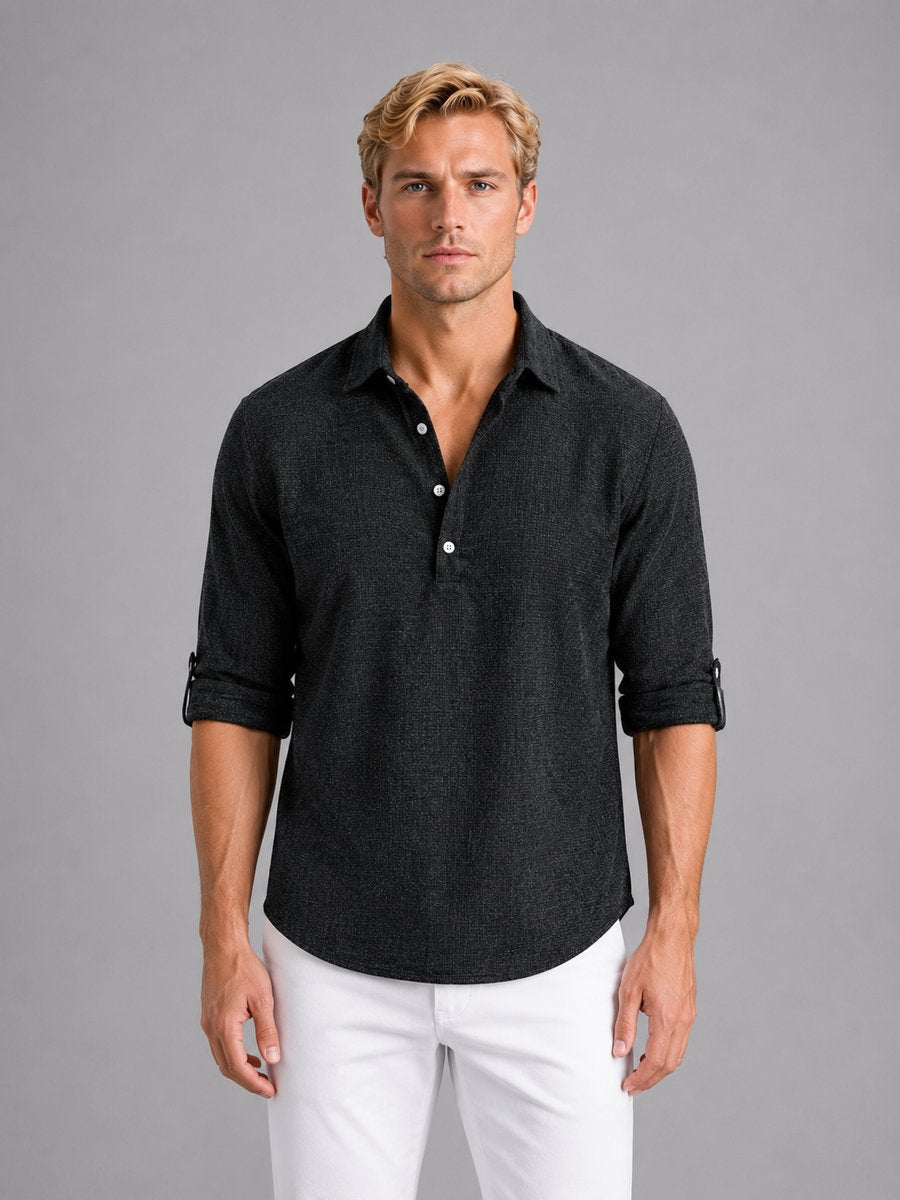 Mens Henley Long-Sleeve Relaxed-Fit Linen Blend Popover Shirt