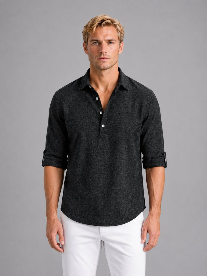 Mens Henley Long-Sleeve Relaxed-Fit Linen Blend Popover Shirt