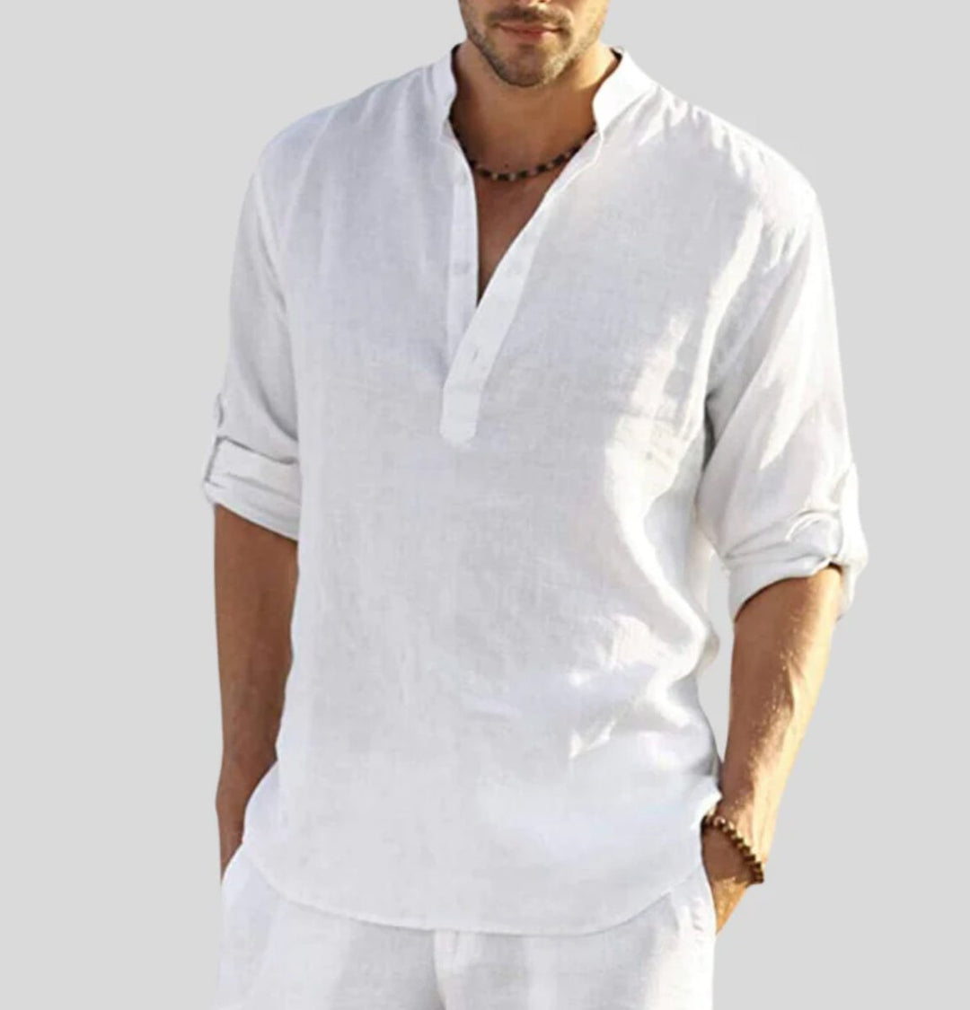 Men's Henley Long-Sleeve Relaxed-Fit Linen Casual Shirt
