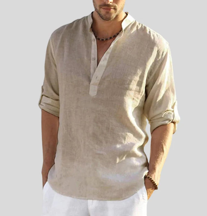 Men's Henley Long-Sleeve Relaxed-Fit Linen Casual Shirt