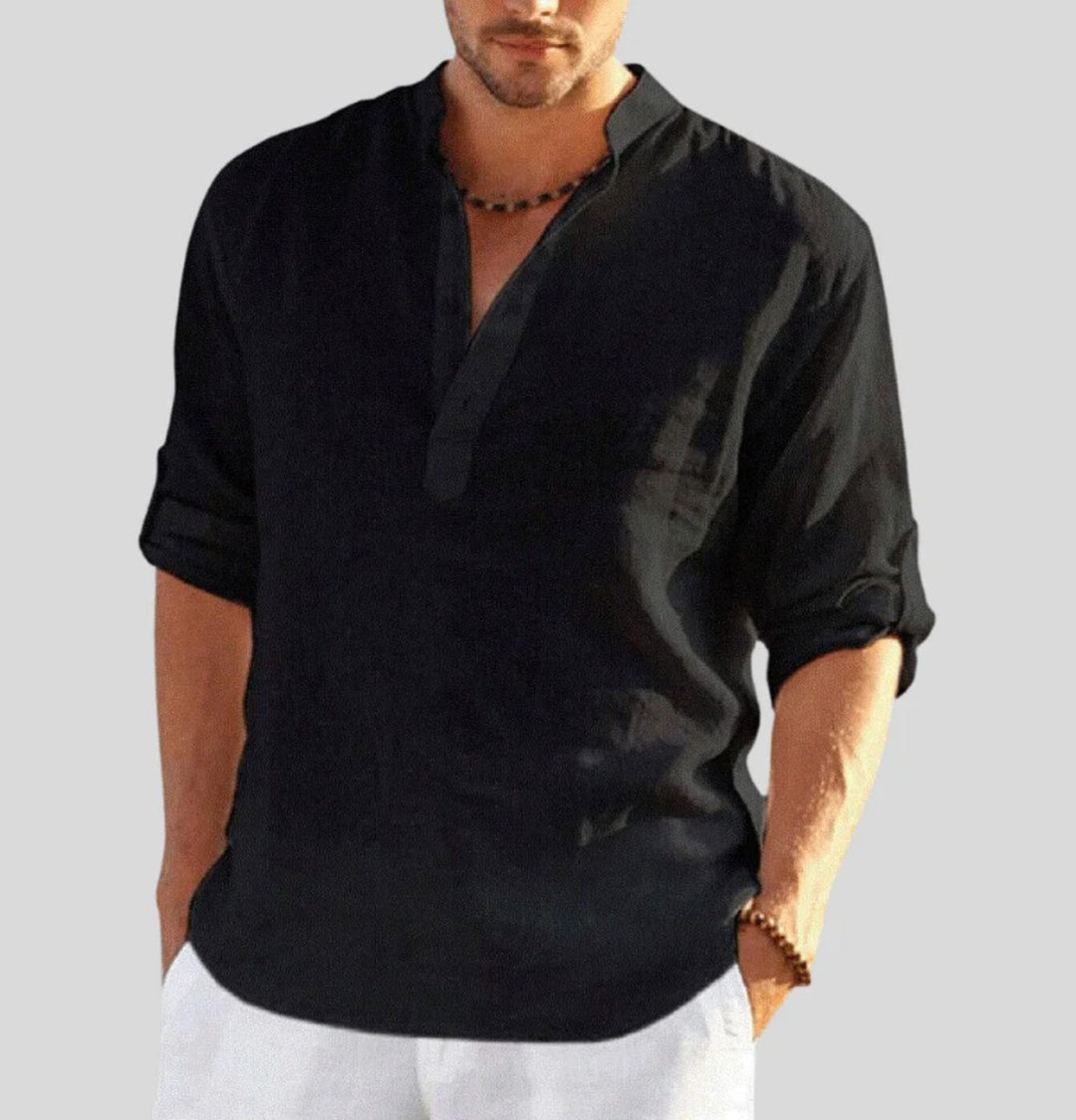 Men's Henley Long-Sleeve Relaxed-Fit Linen Casual Shirt