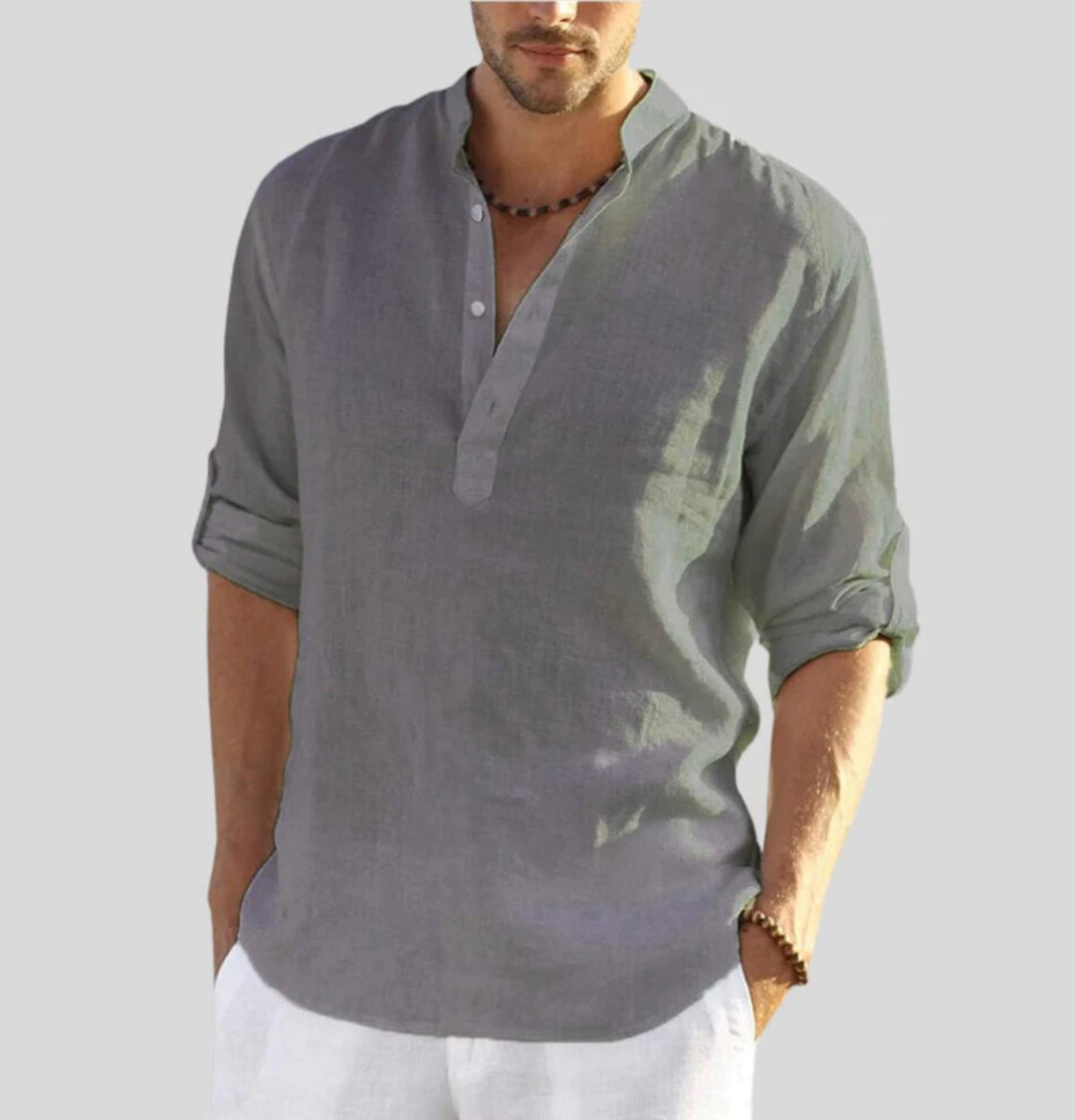 Men's Henley Long-Sleeve Relaxed-Fit Linen Casual Shirt