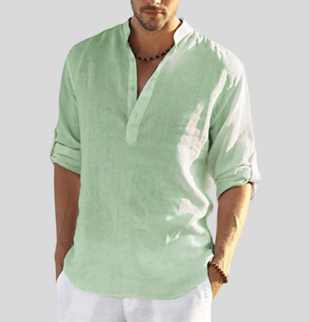 Men's Henley Long-Sleeve Relaxed-Fit Linen Casual Shirt