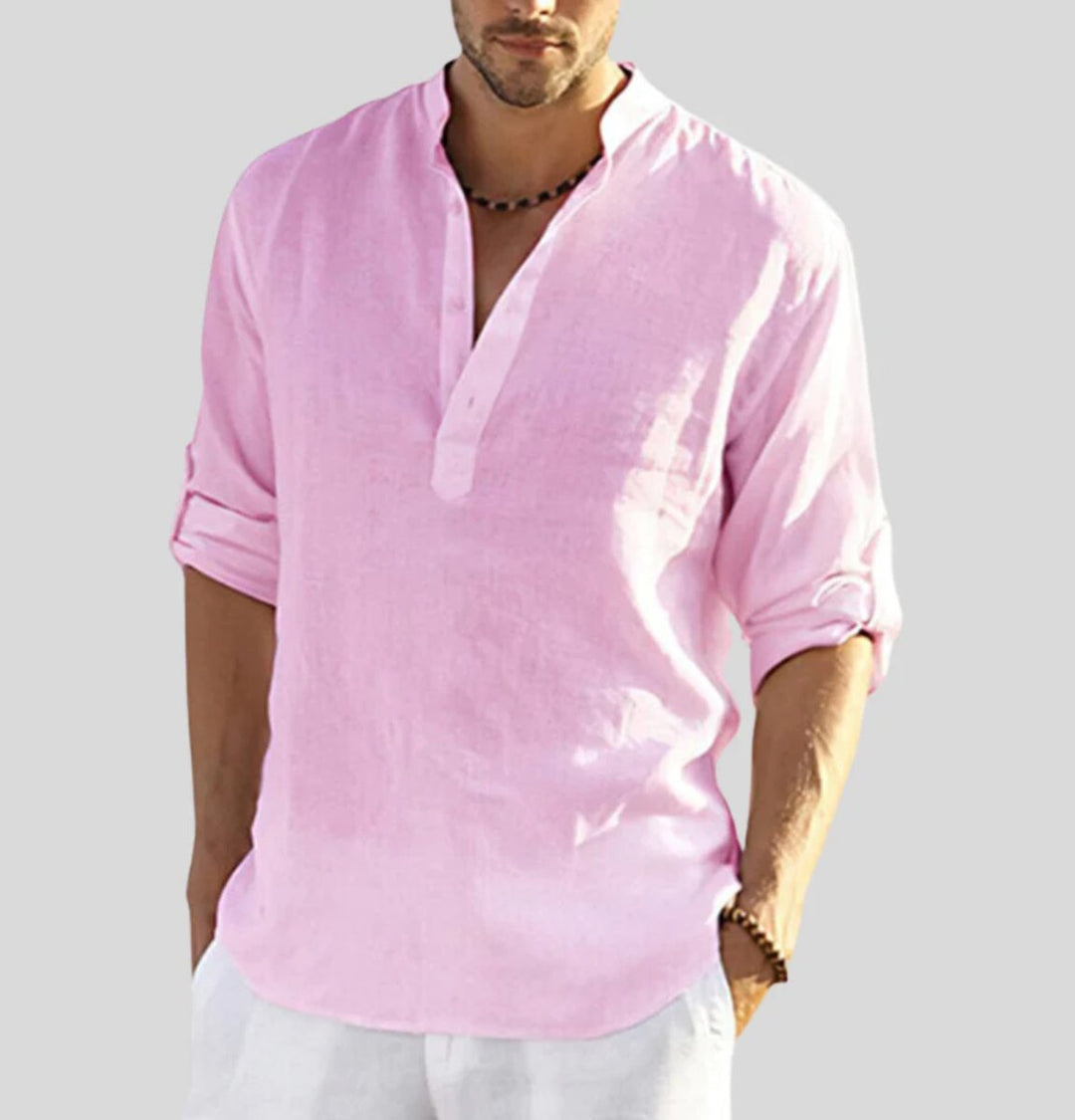 Men's Henley Long-Sleeve Relaxed-Fit Linen Casual Shirt