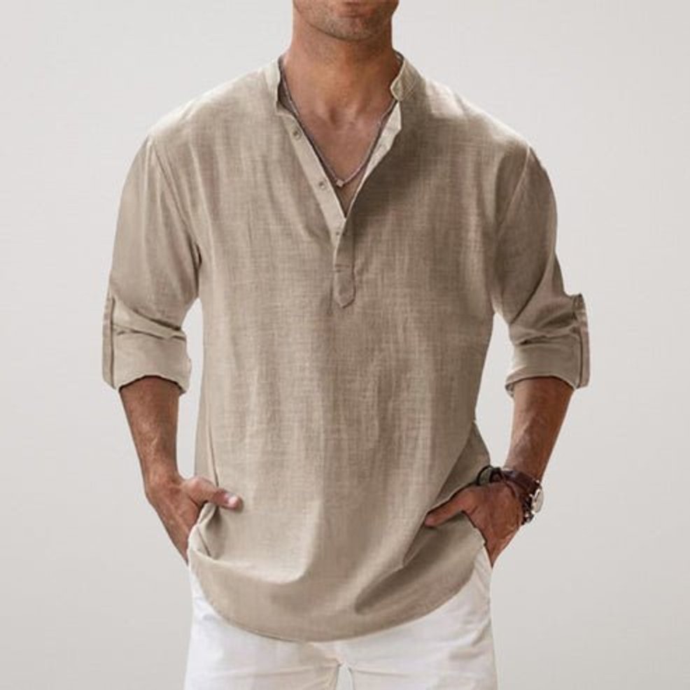Mens Henley Long-Sleeve Relaxed-Fit Linen Summer Shirt