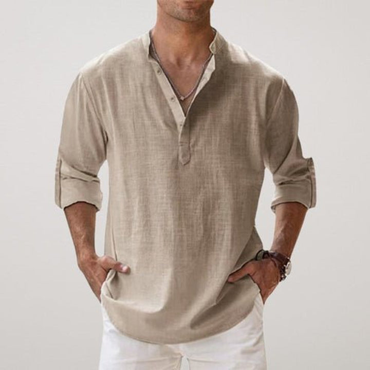 Mens Henley Long-Sleeve Relaxed-Fit Linen Summer Shirt