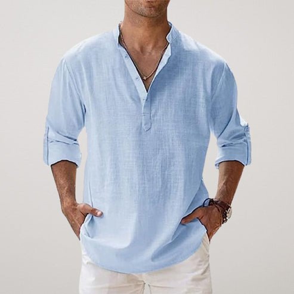 Mens Henley Long-Sleeve Relaxed-Fit Linen Summer Shirt