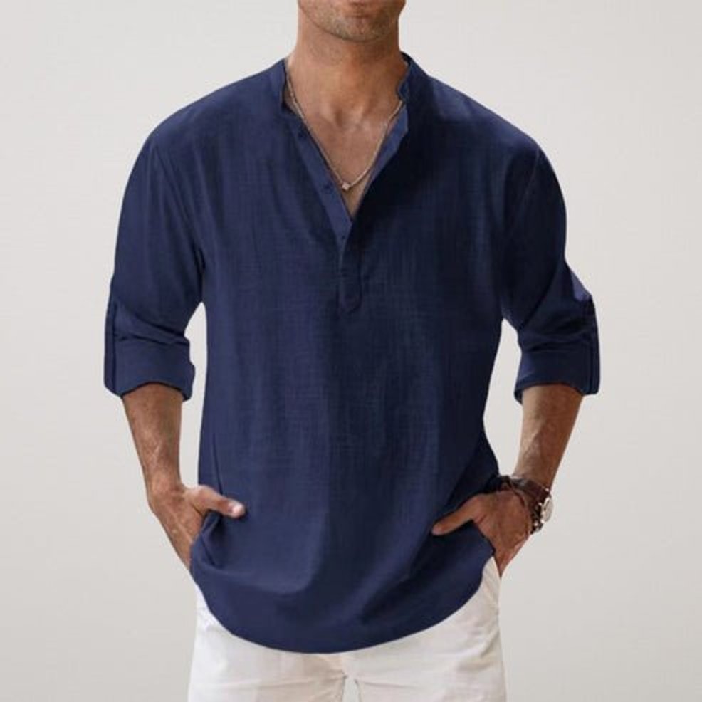 Mens Henley Long-Sleeve Relaxed-Fit Linen Summer Shirt