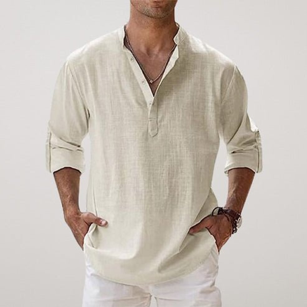 Mens Henley Long-Sleeve Relaxed-Fit Linen Summer Shirt