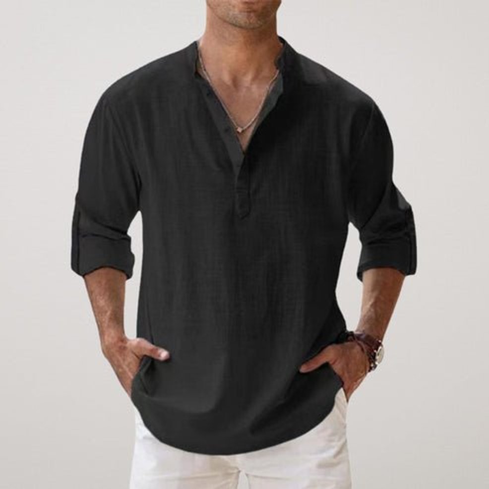 Mens Henley Long-Sleeve Relaxed-Fit Linen Summer Shirt
