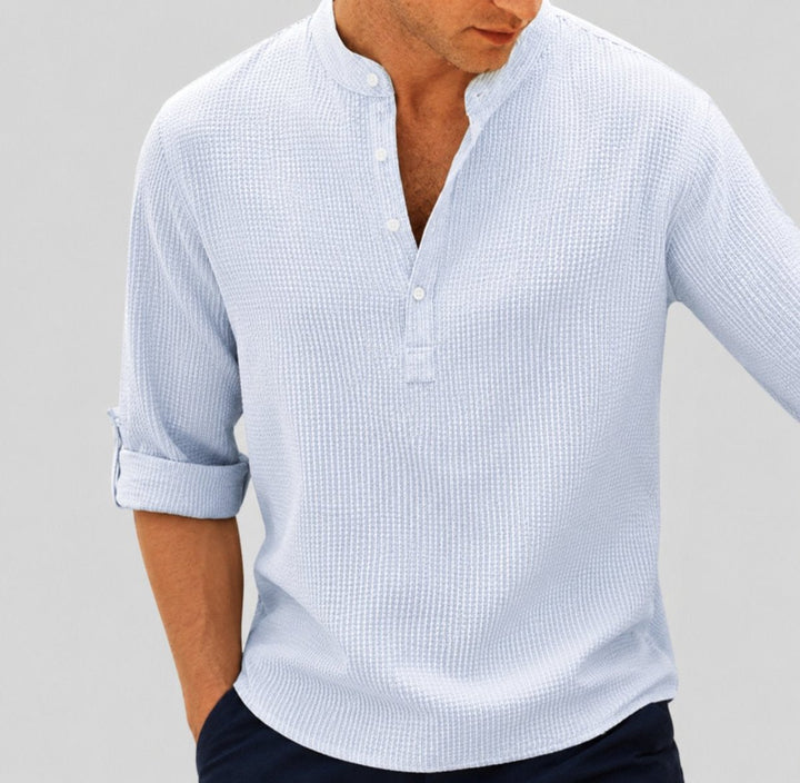 Men's Henley Long-Sleeve Waffle-Knit Band-Collar Shirt