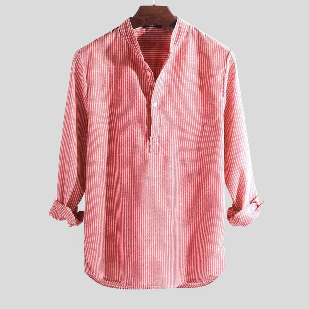 Men's Henley Long-Sleeve Waffle-Knit Band-Collar Shirt