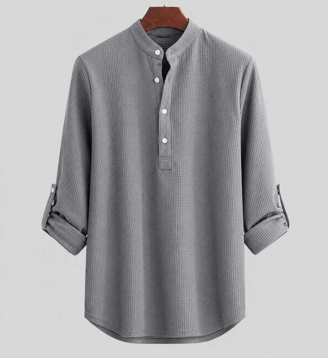 Men's Henley Long-Sleeve Waffle-Knit Band-Collar Shirt