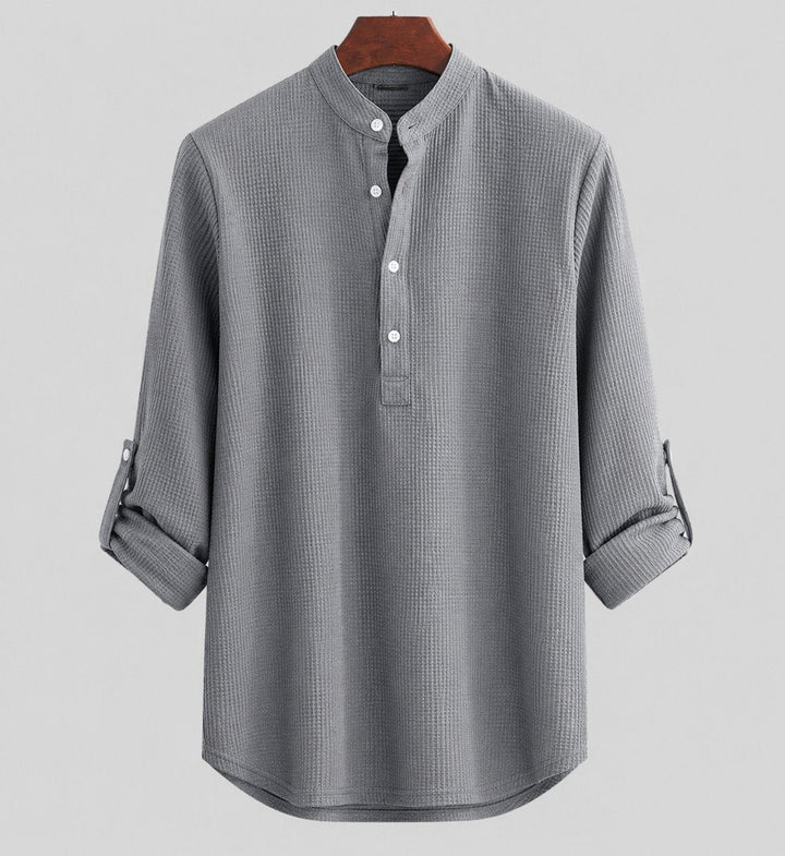 Men's Henley Long-Sleeve Waffle-Knit Band-Collar Shirt