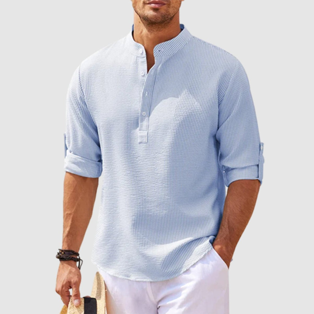 Men's Henley Long-Sleeve Waffle-Knit Half-Button Casual Shirt