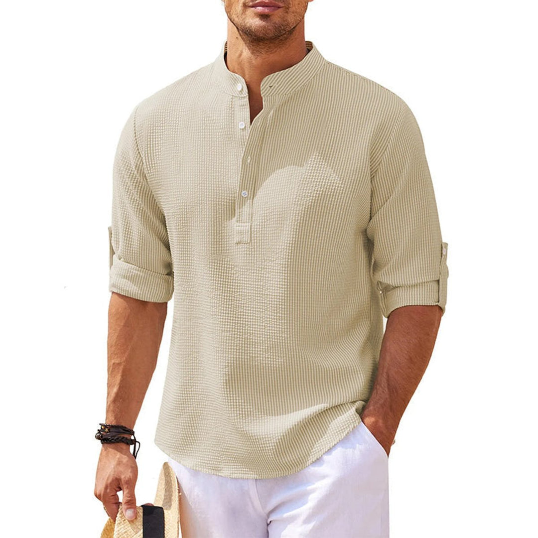 Men's Henley Long-Sleeve Waffle-Knit Half-Button Casual Shirt