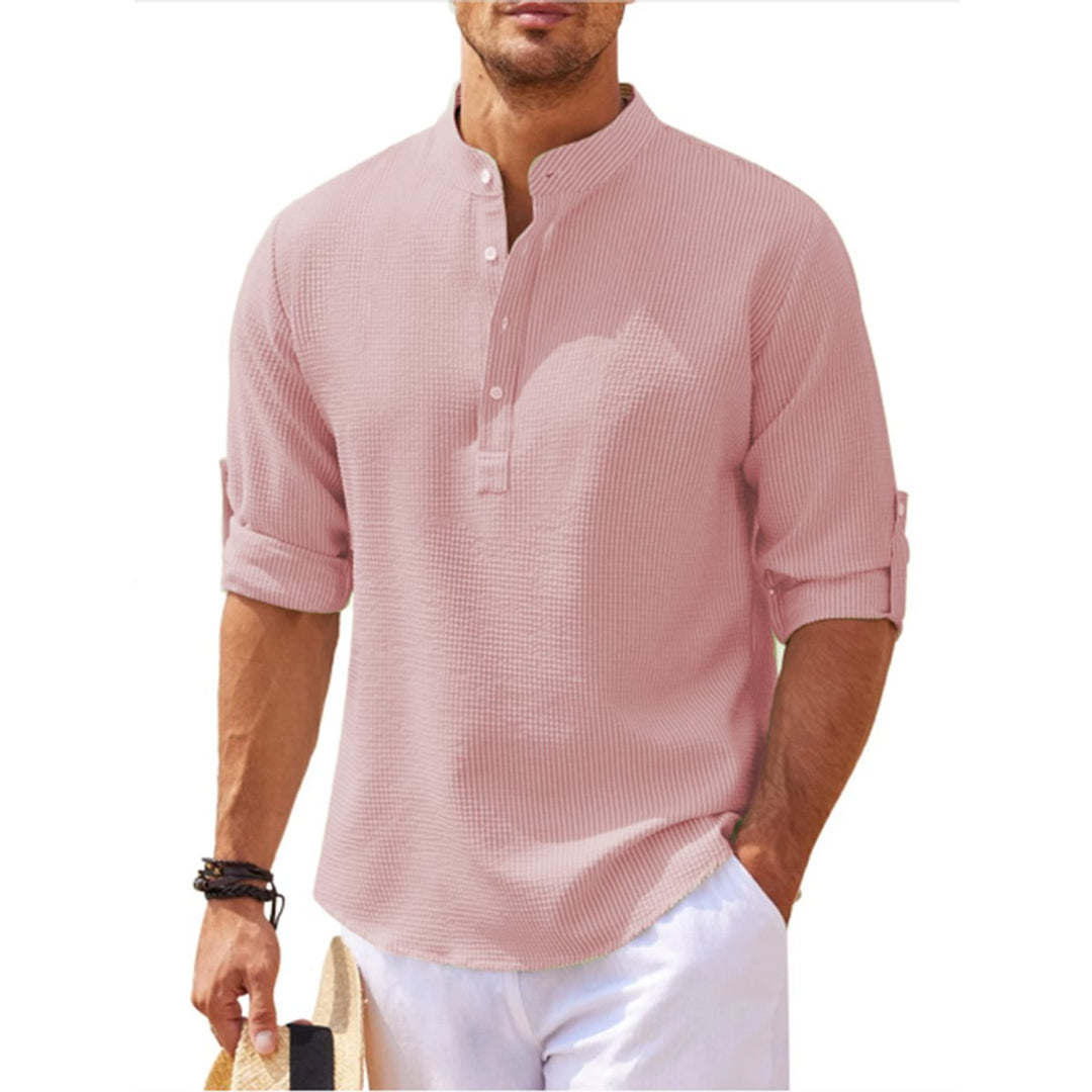 Men's Henley Long-Sleeve Waffle-Knit Half-Button Casual Shirt