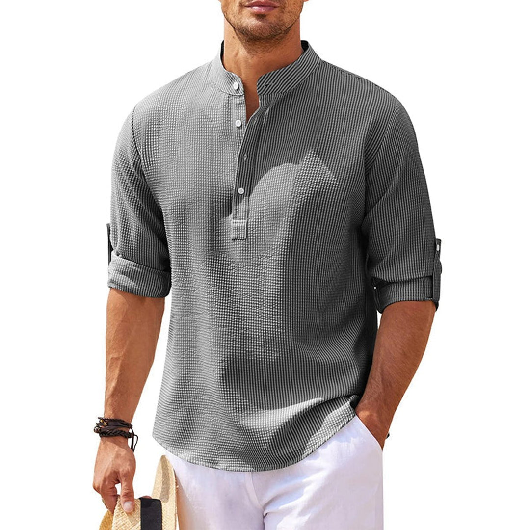Men's Henley Long-Sleeve Waffle-Knit Half-Button Casual Shirt