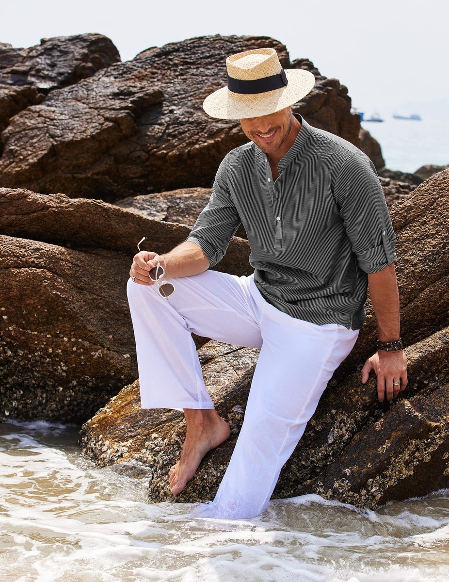 Men's Henley Long-Sleeve Waffle-Knit Half-Button Casual Shirt