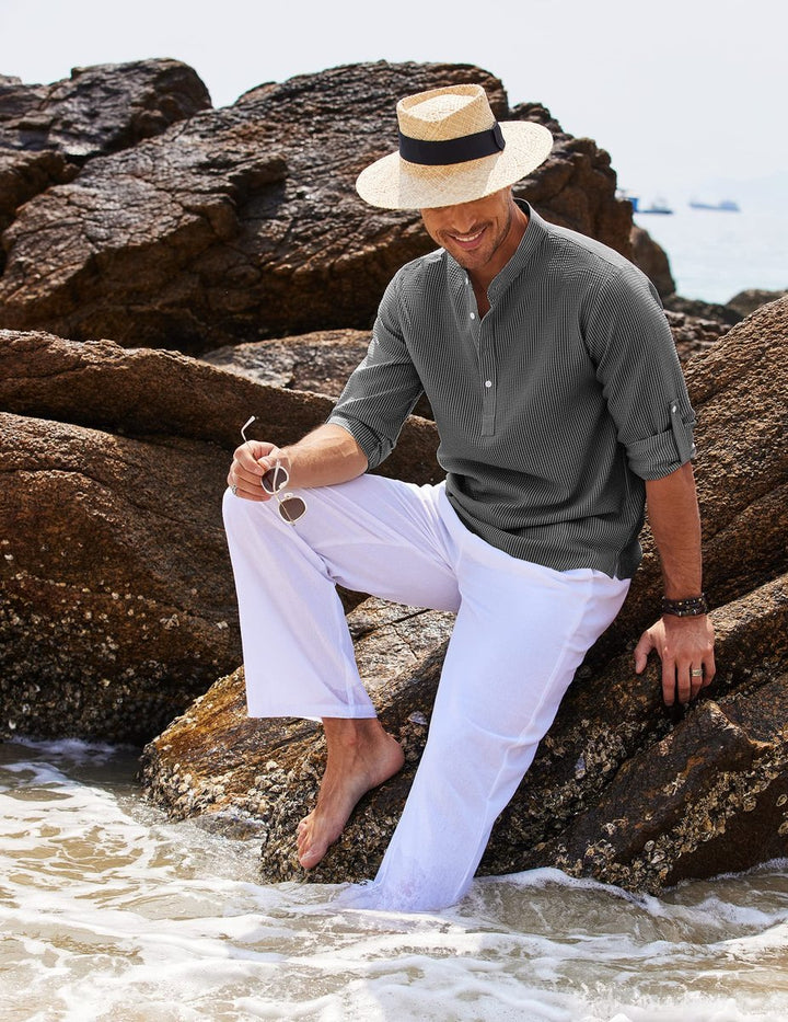 Men's Henley Long-Sleeve Waffle-Knit Half-Button Casual Shirt