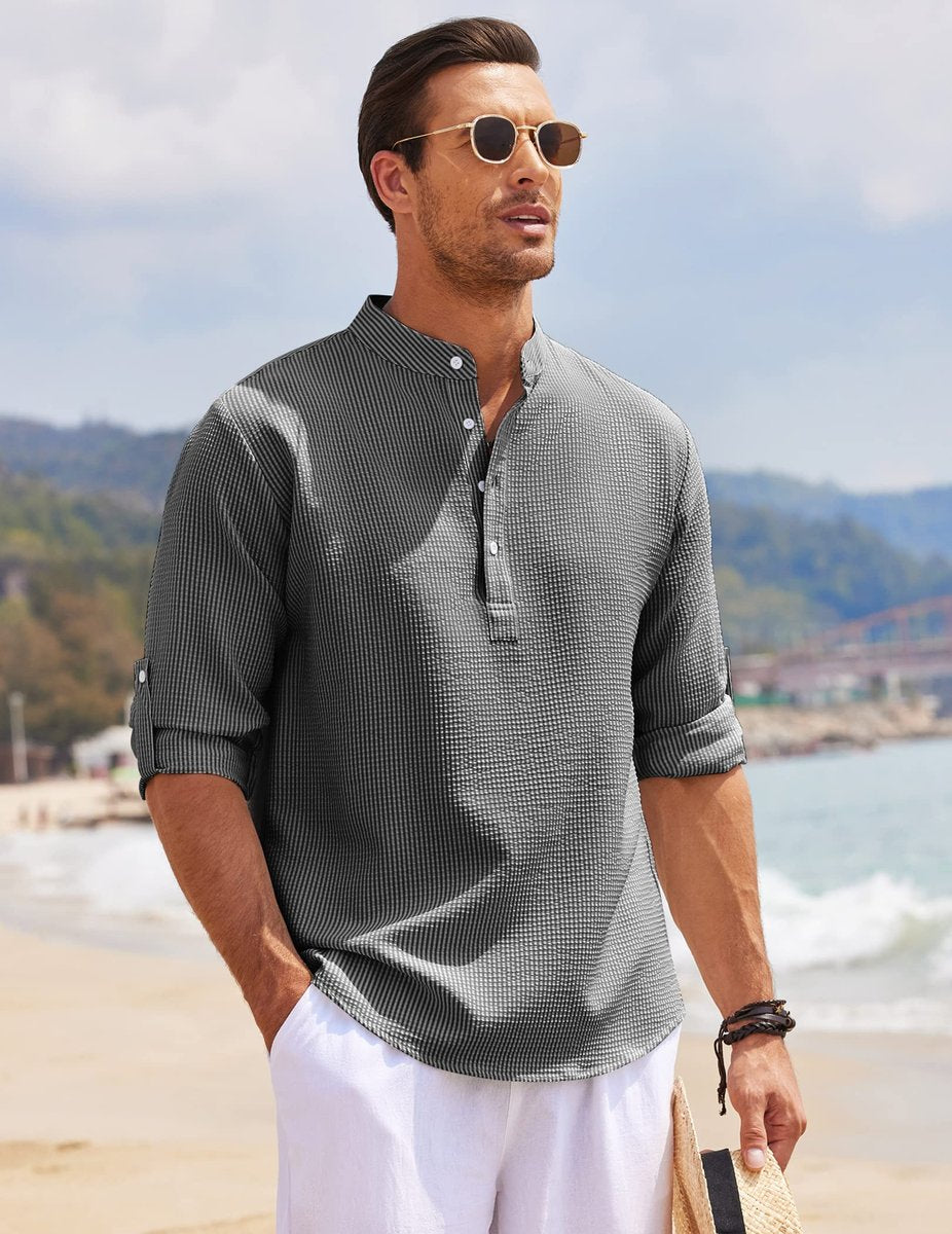 Men's Henley Long-Sleeve Waffle-Knit Half-Button Casual Shirt